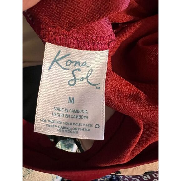 Kona Sol Size M Ruffle Shoulder One Piece Swimsuit Maroon Red Plunge Neck Classy - Picture 6 of 6